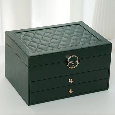 กล่องใส่เครื่องประดับ Green Pu Square สุดหรูพร้อมลิ้นชัก 2 อันสำหรับชุดเครื่องประดับ Gift