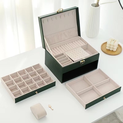 กล่องใส่เครื่องประดับ Green Pu Square สุดหรูพร้อมลิ้นชัก 2 อันสำหรับชุดเครื่องประดับ Gift