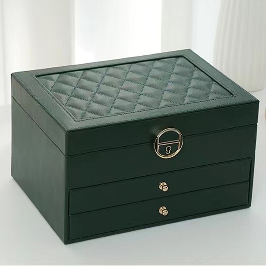 กล่องใส่เครื่องประดับ Green Pu Square สุดหรูพร้อมลิ้นชัก 2 อันสำหรับชุดเครื่องประดับ Gift